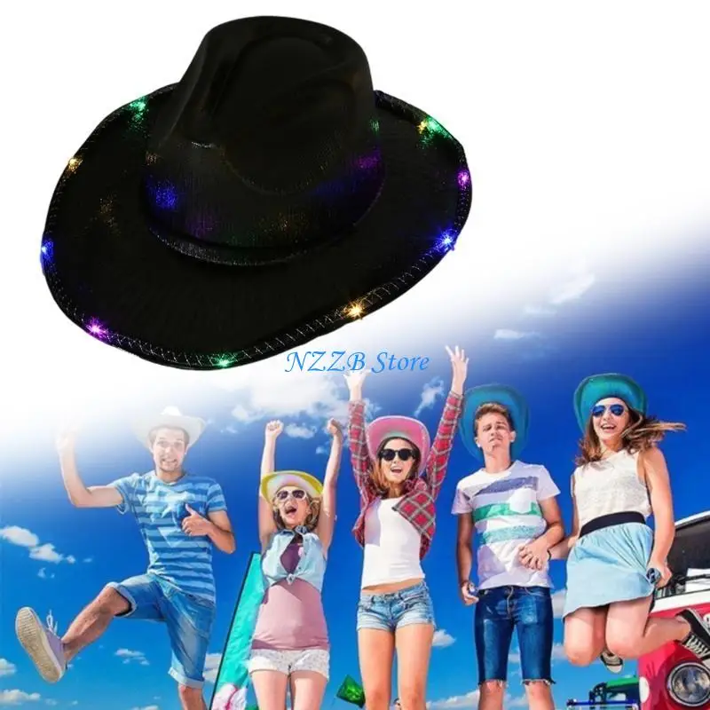 

T21F Glitter Cowboy Hat Glowing Fedora Hat for Disco House Cocktail Parties Vacation Sparkly Glowing for Comedian Actor