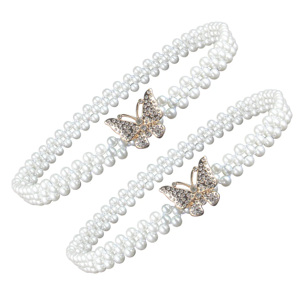 2Pcs Pearl Waist Belt Elastic Butterfly Waist Chain Rhinestone Bridal Dress Jewelry for Women Women Western Belt