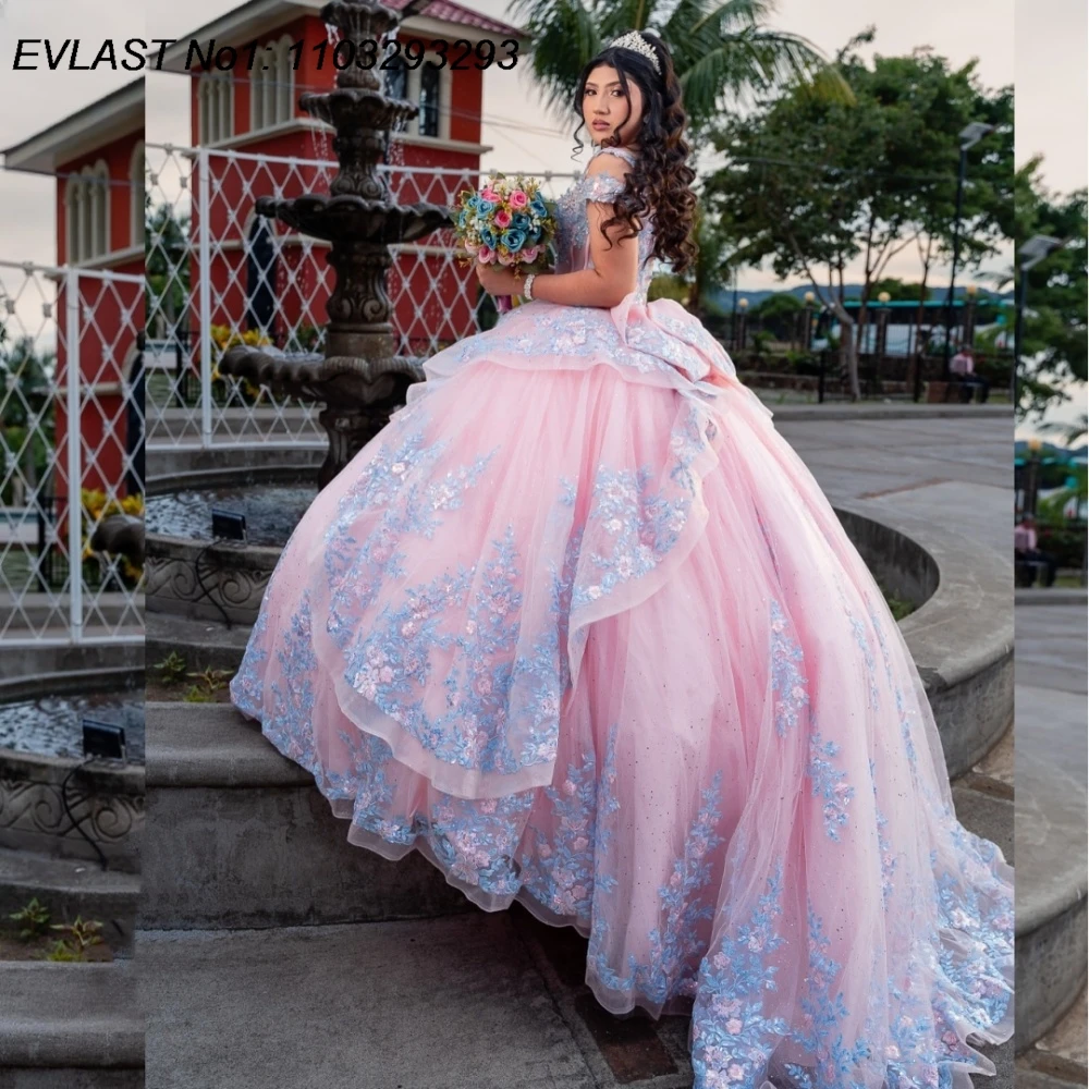 Eplast personalizado princesa rosa quinceanera vestido de baile azul renda apliques miçangas arco doce 16 vestidos de 15 anos e1qn456