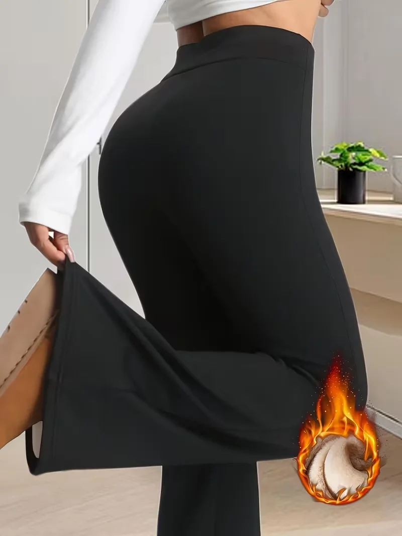 กางเกงลำลองผ้าฟลีซสำหรับฤดูหนาว ให้ความอบอุ่น กางเกงทรงขาบานเอวสูง ช่วยให้ดูผอมเพรียวและขาเรียวยาว เหมาะสำหรับใส่ลำลองในชีวิตประจำวัน