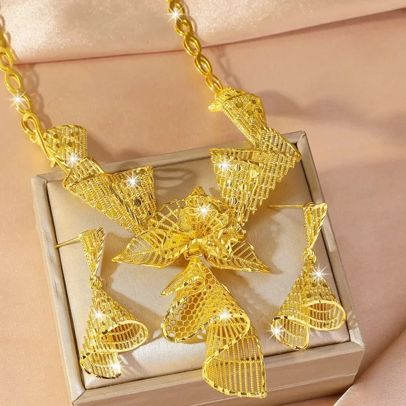 Luxury 24K 9999 Pure Gold real gold Middle East Bride Unique Flower Necklace Earrings Set Chain