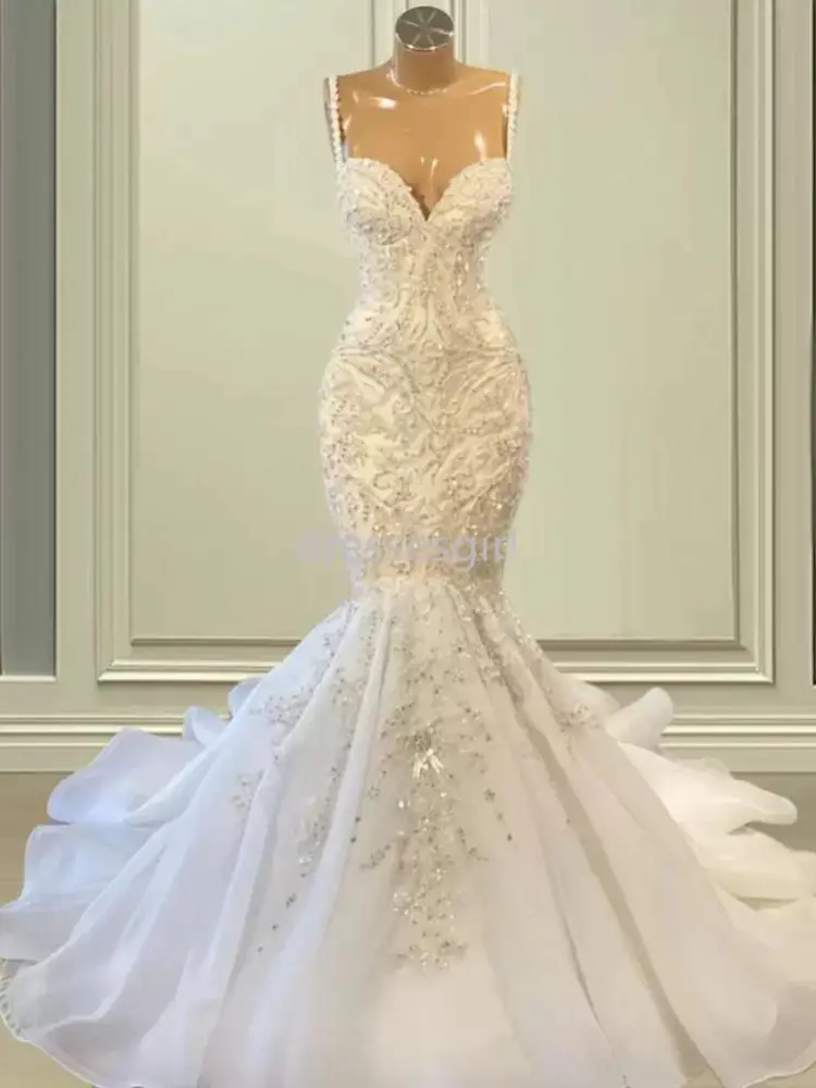 Robe De Mariée sirène en dentelle, bretelles Spaghetti, broderie De perles, traîne De balayage, Organza, Robe De Mariée formelle