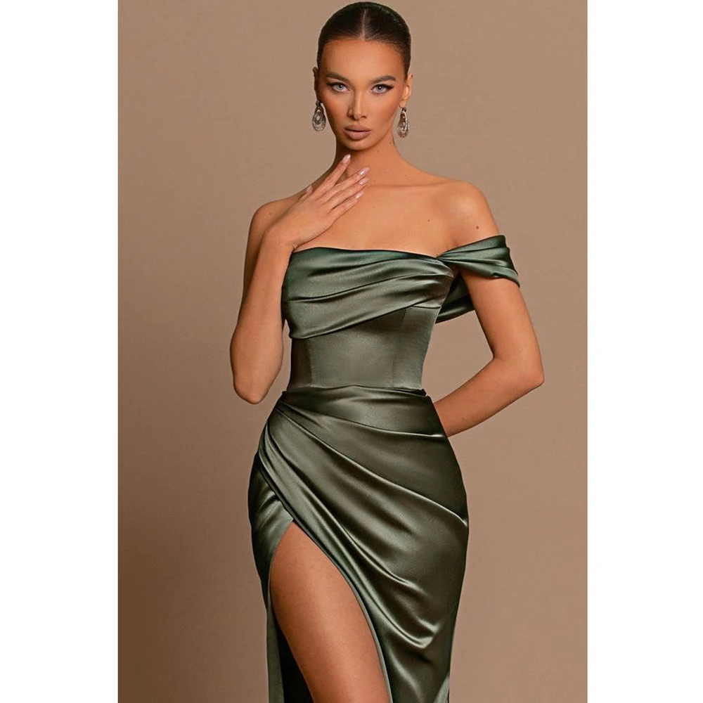 Vestido de noche verde elegante para mujer, traje Sexy de satén con abertura alta, hombros descubiertos, fruncido, cintura en el busto, vestido de fiesta Formal, 2023