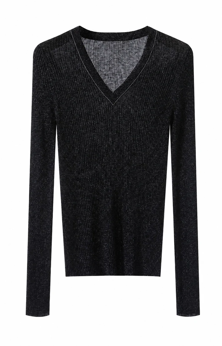 BY3621711 Damen-Pullover mit tiefem V-Ausschnitt, Lurex-Rippstrick-Wollmischung, langen Ärmeln, V-Ausschnitt, Kettenverzierung, schlanke Passform, dezenter Luxus für den frühen Herbst – Detail 20