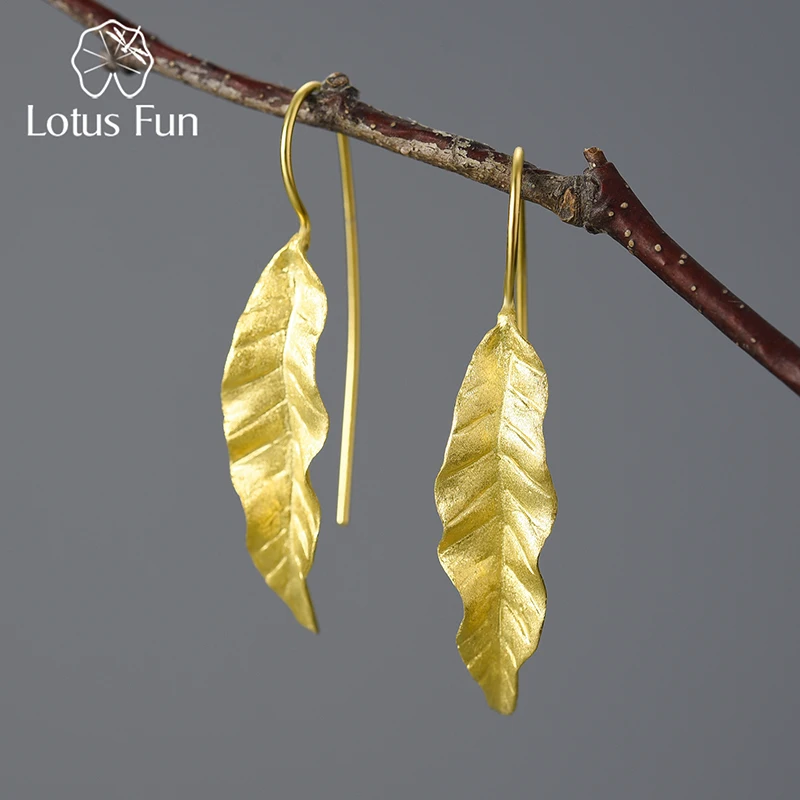 Lotus Fun 18K Gold Unusual New Long Green Ash Leaves Dangle Earrings for Women 925 Sterling Silver Luxury Quality Fine Jewelry