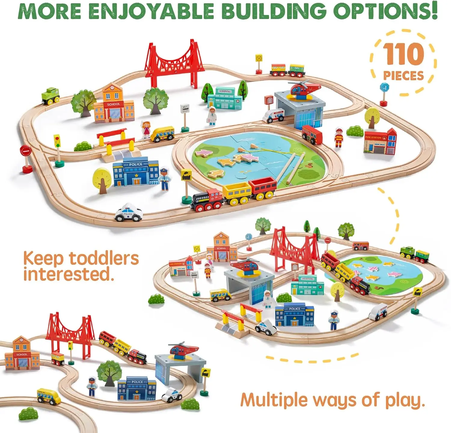 110-Piece Wooden Train Set, Fits Major Brands, Railway Playset for Kids Ages 3-7, Birthday Gift