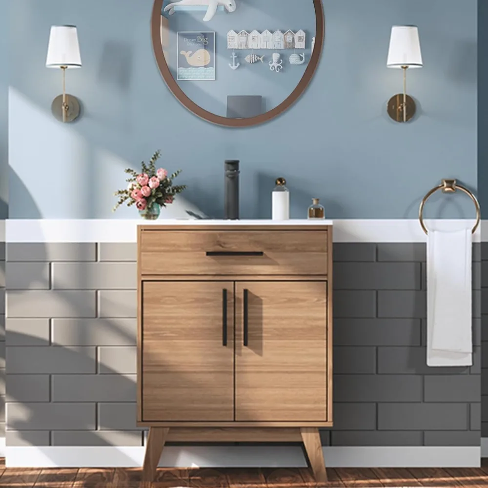 Bathroom Vanity with Sink Combo, Mid-Century Modern Small Single Bathroom Cabinet Set, Integrated Sink, Soft Closing Doors