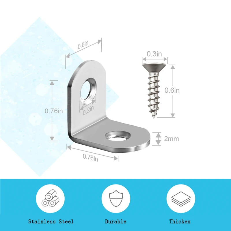 Soporte de acero inoxidable en L, soporte de esquina, junta de ángulo recto, sujetador, soporte en forma de L de 90 grados, 10 Uds.