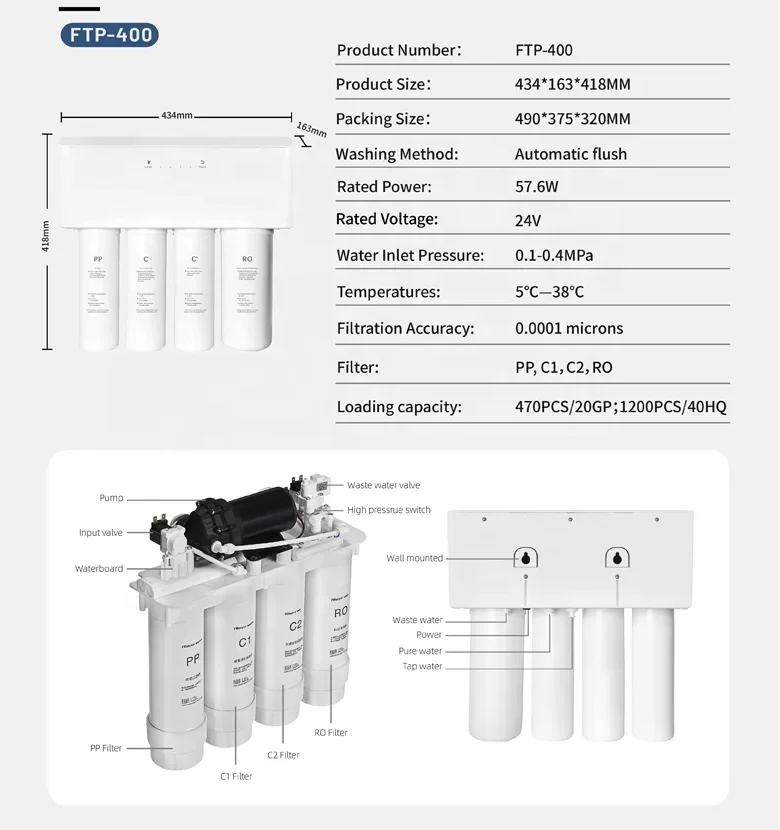 400G 600G Kitchen Tankless Electronic Reverse Osmose Four Stage Under Counter Housing Water Purifier