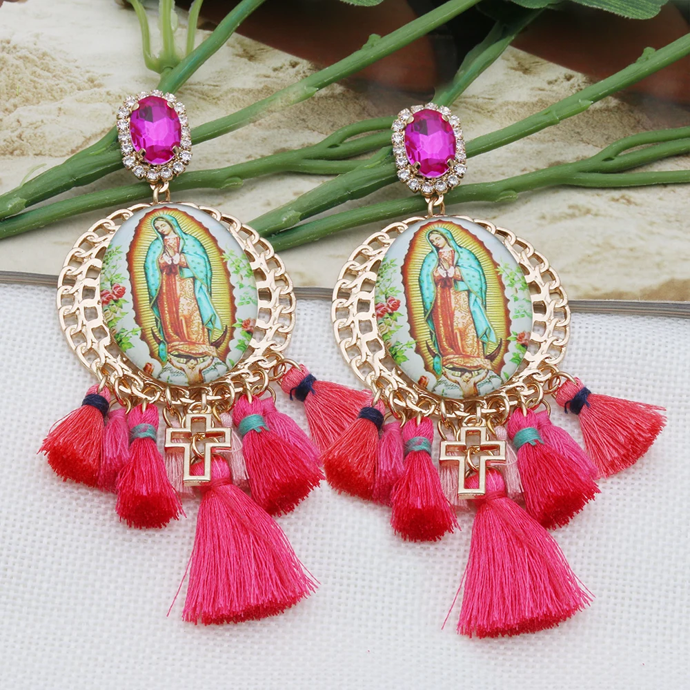 BohemiaY2K Cross Jesus Earrings Dangle Colorful Long Tassel Glass Earring For Woman Large Brinco Ear Exaggeration Female Gift