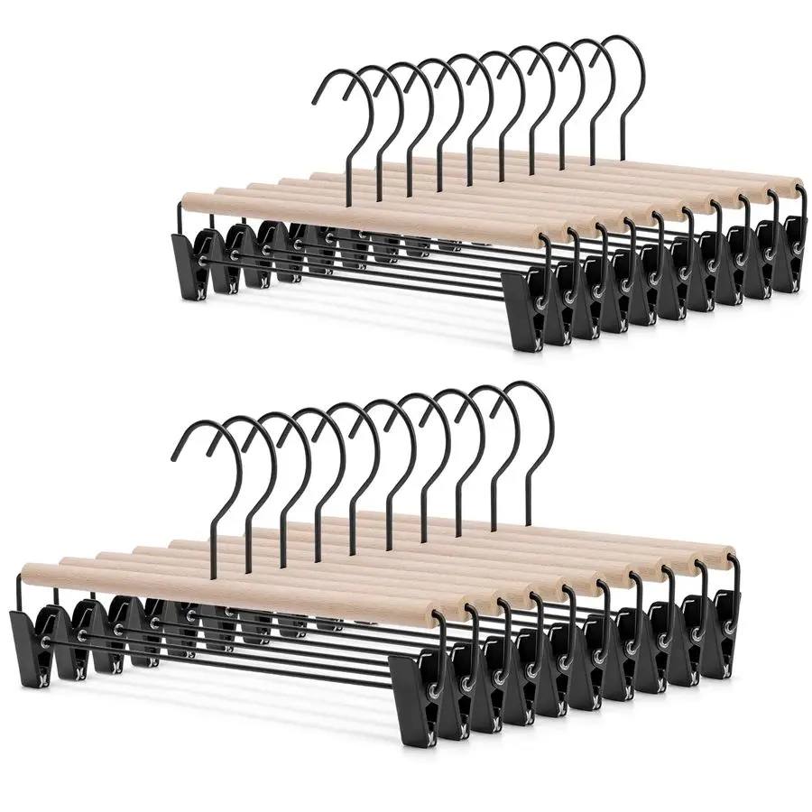 

Deluxe Beech Wooden Pants Hangers Bottom Hanger Jeans Hanger Trousers Skirt Hanger with 2Adjustable Black Matt Clips and Hook 20