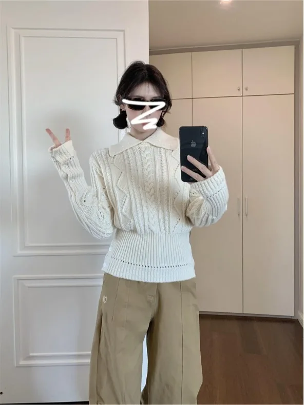 

Свободный женский пуловер, трикотаж, весенний ленивый Sle, маленький размер, внутренняя одежда, базовый слой, витой головной платок, воротник, топ