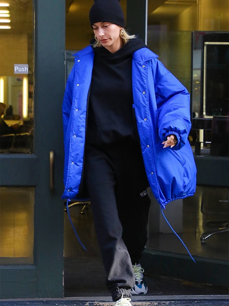 Thickened Blue Cotton Jacket Women's Mid-Length Loose Coat Warm Stand Collar Winter Outerwear Straight Tube Style Zipper Closure