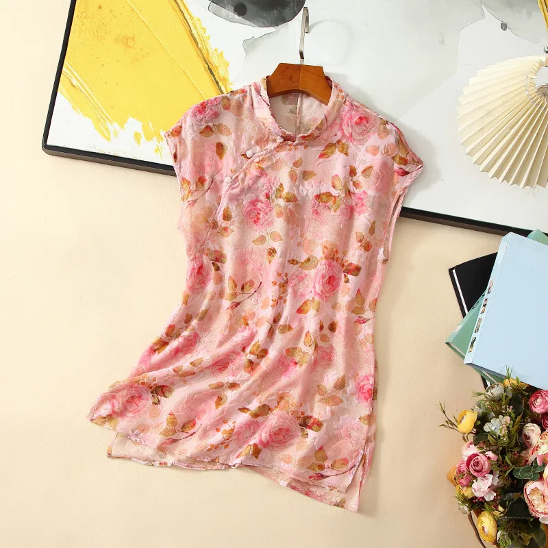 Winsleter-100% camicia elegante in velluto di seta reale, donna senza maniche floreale, camicetta ampia casual retrò, autunno 2025 nuovo T57043CC