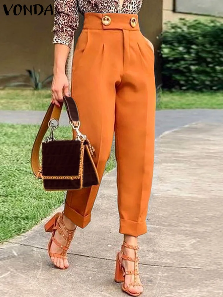 

VONDA 2024 Summer Elegant Pants Women High Waist Long Trousers Office Buttons Solid Color Pleated Casual Loose Trousers Oversize