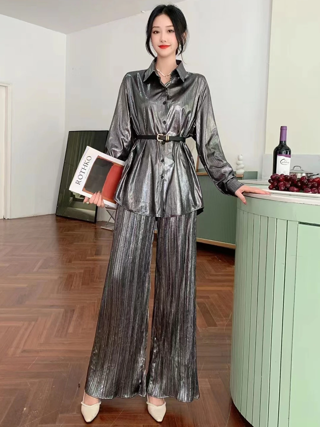 2023 New Spring Autumn Women Fashion Glossy Pants Sets Long Sleeve Belt Slim Shirt And Wide Leg Long Pants Two Piece Set