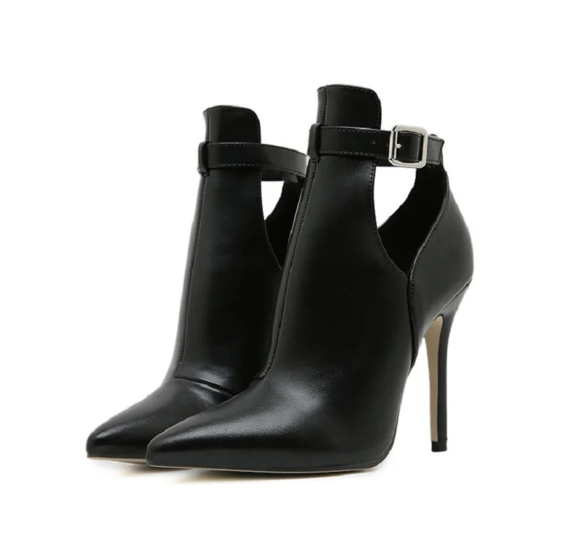 Autumn and Winter New Pointed Crocodile Pattern Hollow Short Ankle Boots Banquet Dress Large Size Stiletto High Heels Women Shoe