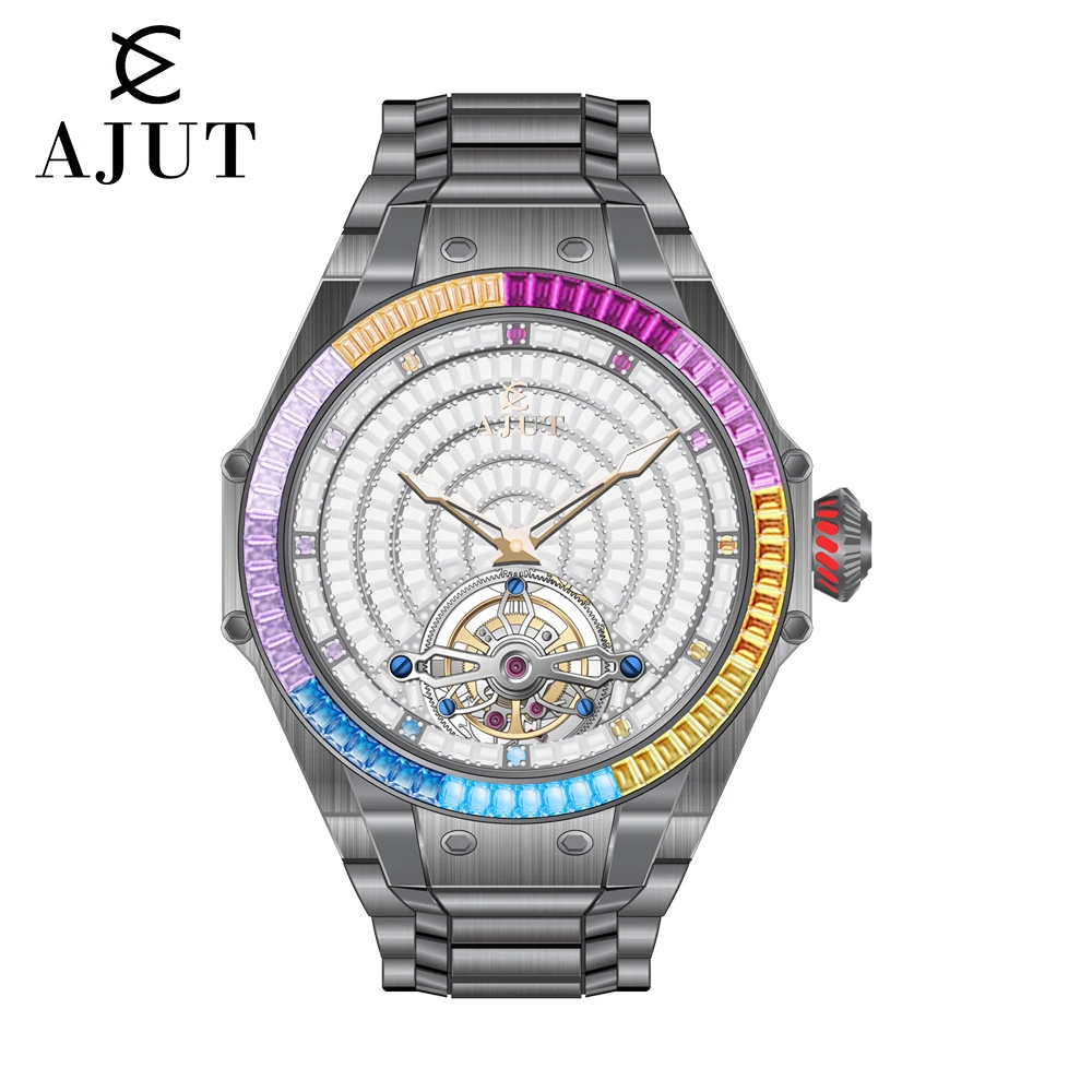 AJUT automatique Tourbillon mouvement montres pour homme saphir volant mécanique avec diamants carrés ciel étoilé montre pour hommes 0382