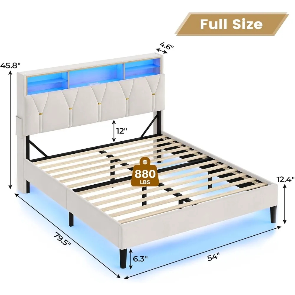 Bed Frame with Headboard StorageLED Lights, Platform Bed Frame  with Charging Station, Velvet Upholstered Bed