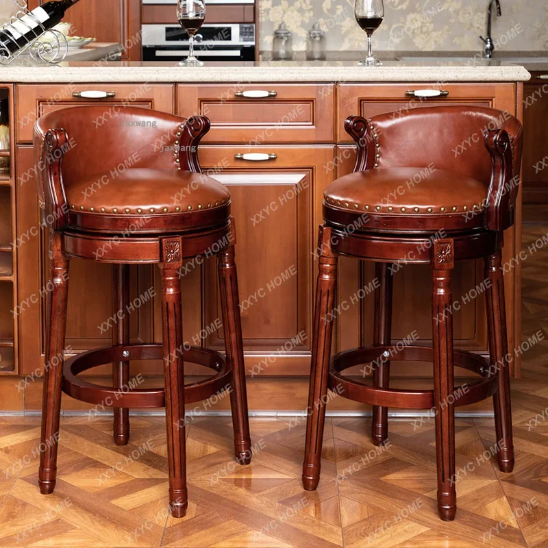 Silla de Bar de madera maciza de estilo europeo, muebles para el hogar, respaldo, taburete de Bar de pie alto, sillas giratorias de cuero para Hotel