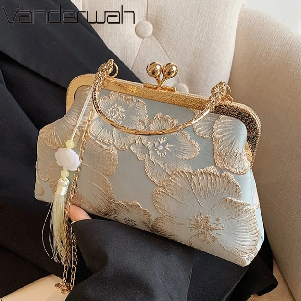 

Chinese Style Embroidered Shoulder Bag Elegant Handbag Retro Small Square Bag Wedding Party Luxury Designer Women Evening Clutch