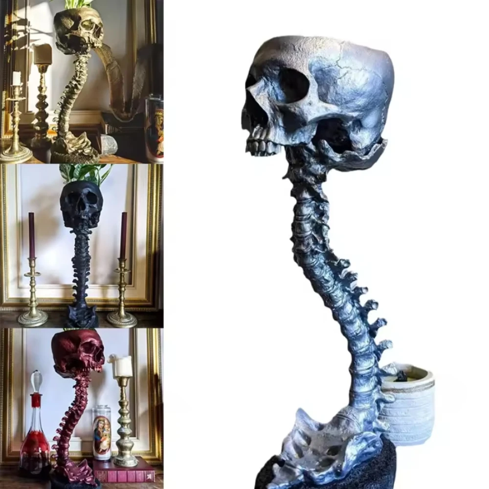 Skull Planter Spine Stand Set Goth Spooky Decor Deep Polyresin Skulls Pot Skeleton Home Decoration Scary Halloween Party Decor