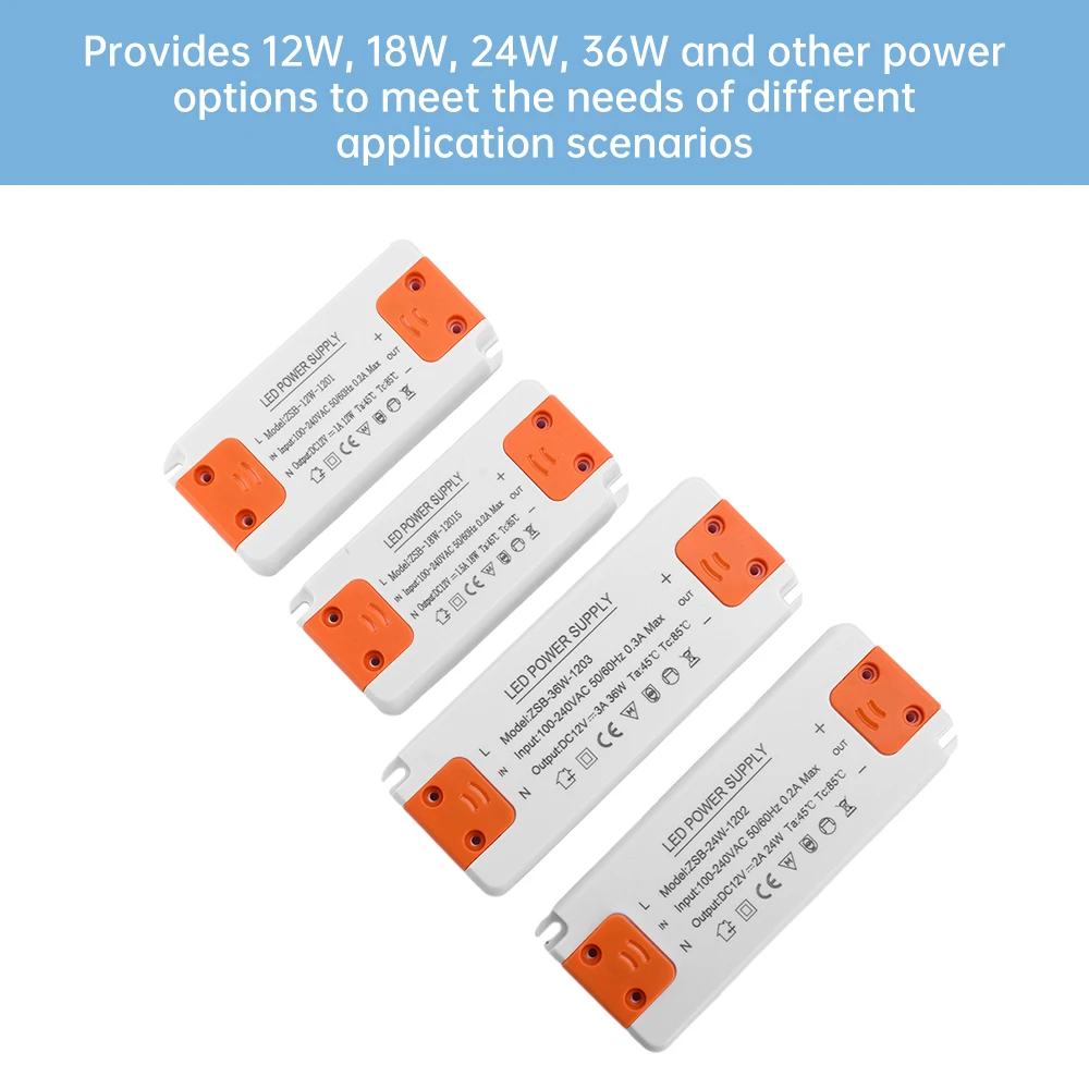 DC12V Ultra Thin Lighting Transformer LED Power Supply 12W 1A 18W 1.5A 24W 2A 36W 3A LED Driver AC185-260V Wide Voltage Input