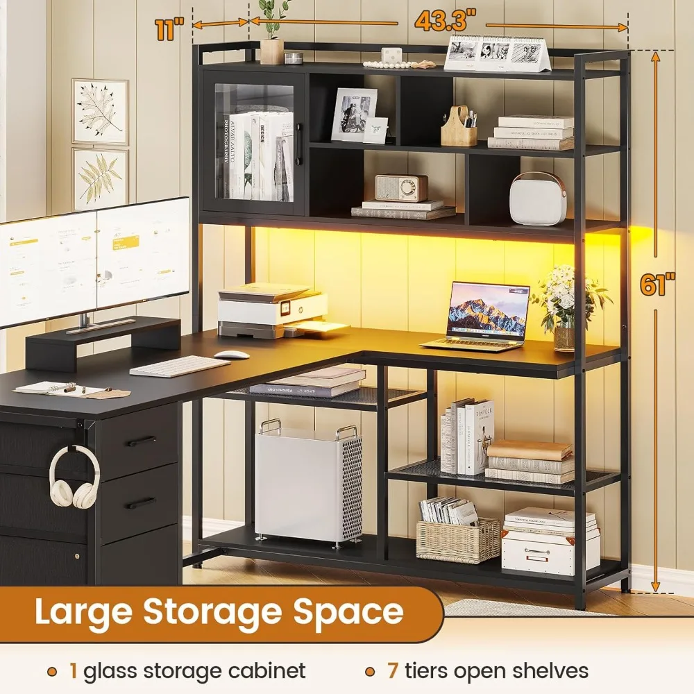 مكتب كمبيوتر زاوية على شكل حرف L 58 مكتب مكتب مع أرفف تخزين، 3 أدراج، رف كتب، وإضاءة LED للمكتب المنزلي #6