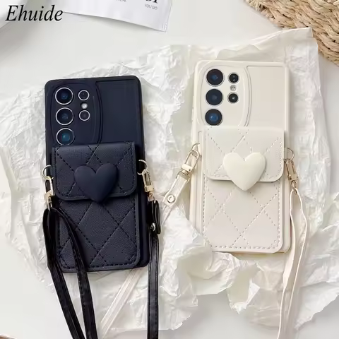 Love Case for Samsung Galaxy S25 Ultra S21 S22 S23 S24 Plus S20 FE A56 Stand Strap Wallet Card Slot Crossbody Lanyard Soft Cover