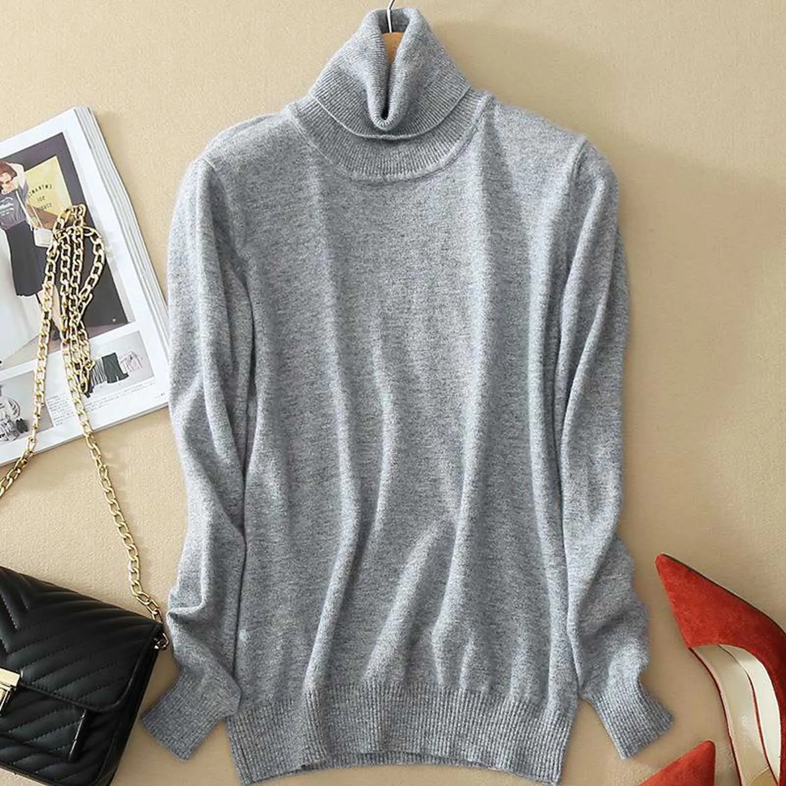 Autumn Winter Basic Slim Soft Solid Color Turtleneck Sweater Pullover Women Casual Long Sleeve Chic Bottom Knitted Jumper