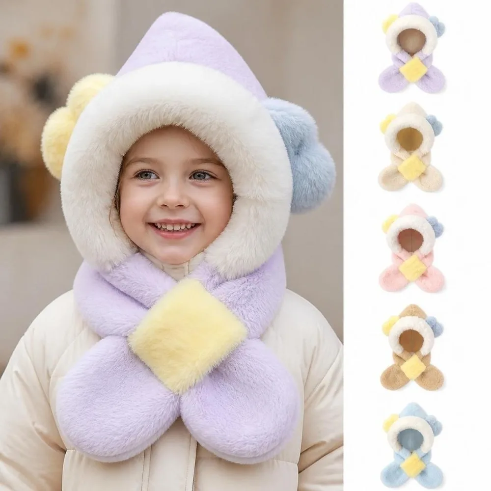 Warm 2-in-1 Hat Scarf Set Thick Fluffy Cartoon Ear Integrated Hat and Scarf Windproof Warm Hooded Scarf for For Boys Girls