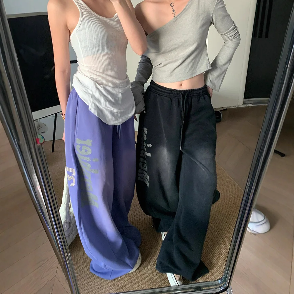 Retro Gradient Distressed Letters Wide Leg Pants Women Loose Sweatshirts Hip-Hop Floor-Mopping Trousers Workwear Scimitar Pants