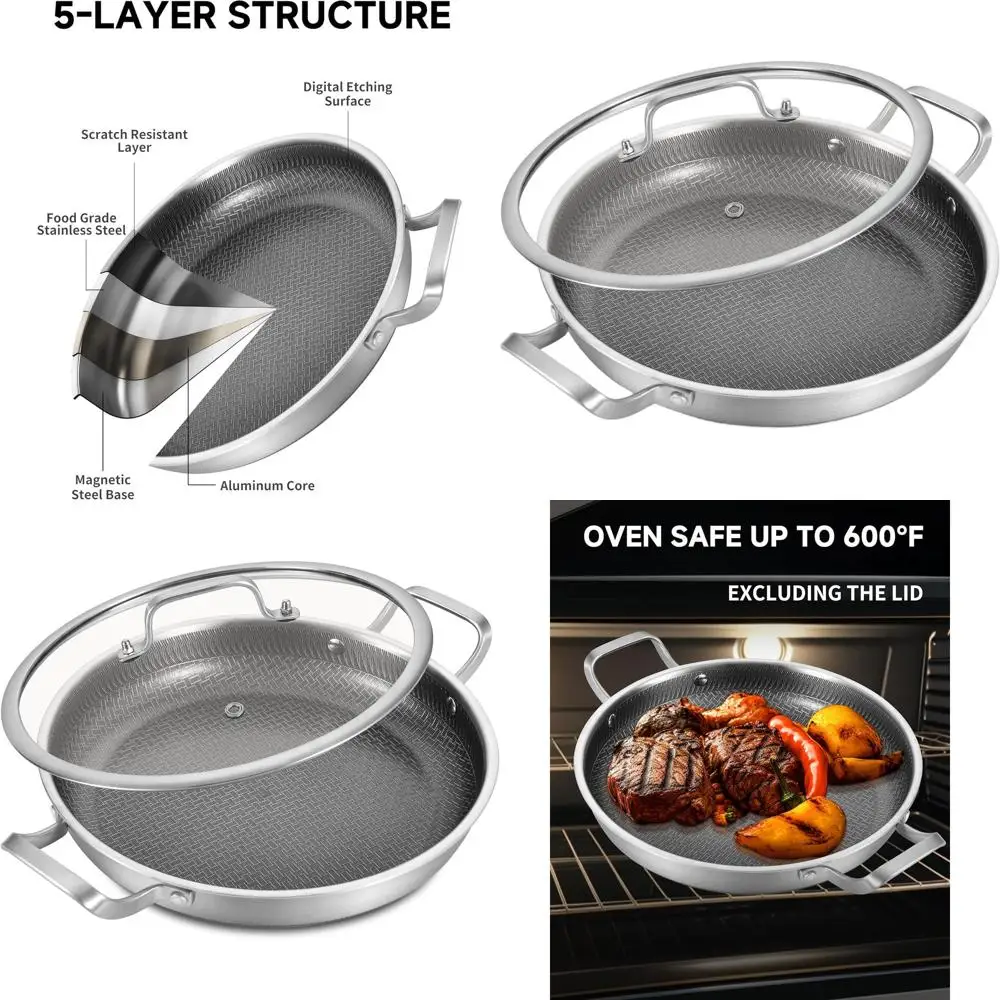 Sartén Paella antiadherente recubierta de cerámica con asas laterales y tapa, acero inoxidable de tres capas, lista para inducción, sin PFOA, apto para horno