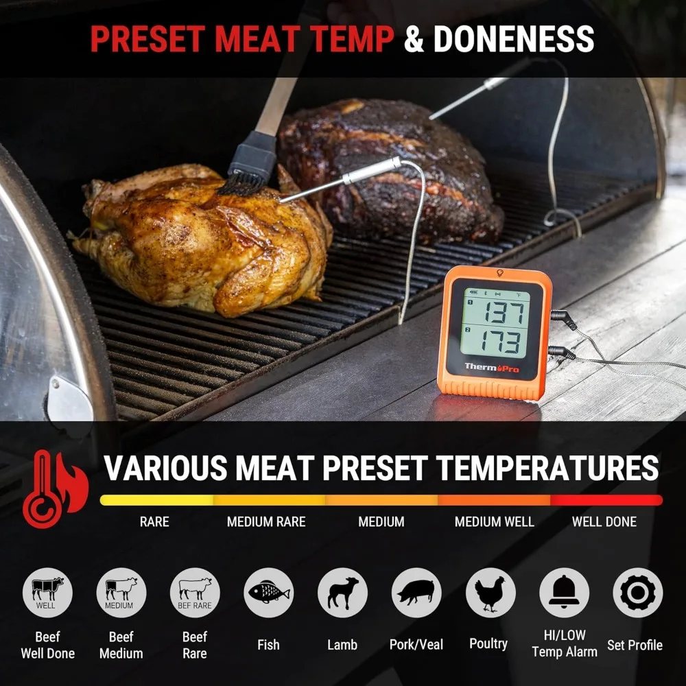 Termômetro de carne sem fio para fumante, Grill com sondas duplas, Bluetooth, Forno, 650 pés