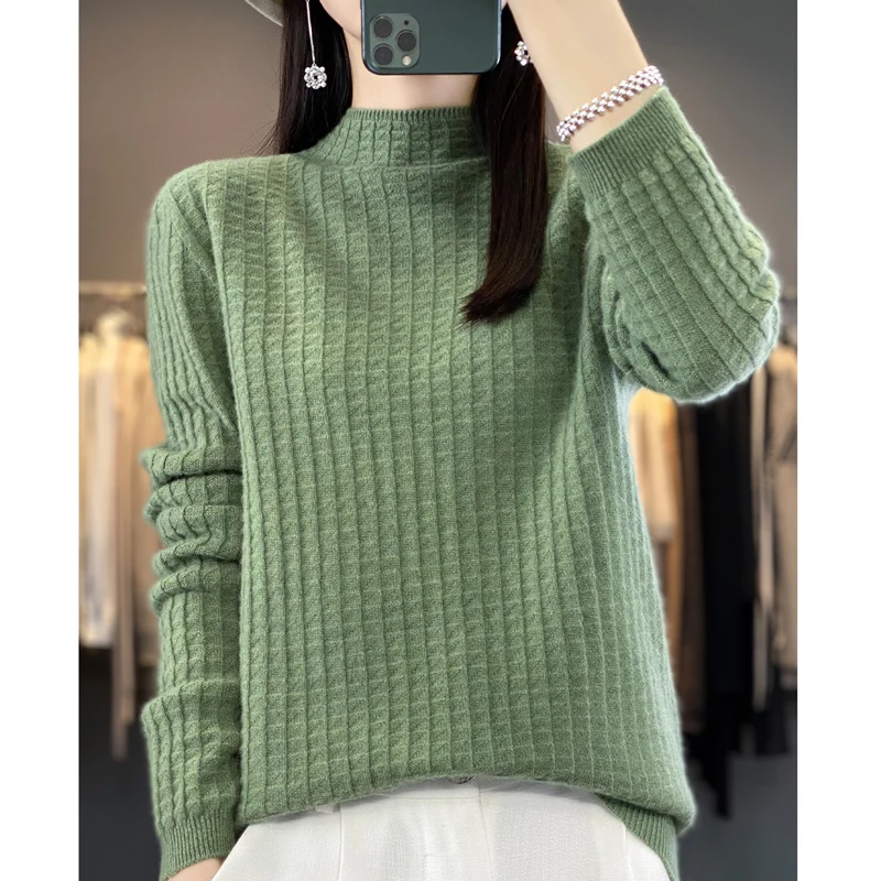 Women's sweater cashmere knitting 100% pure merino wool sweater autumn and winter new long sleeve semi-turtle neck.