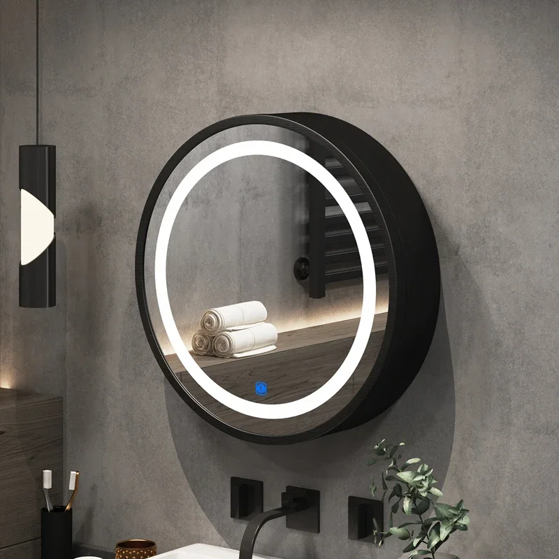 LED Intelligent Bathroom Mirror Cabinet Solid Wood Oval Bathroom Vanities Circular Smart  Mirror with Light Mirror Cabinet