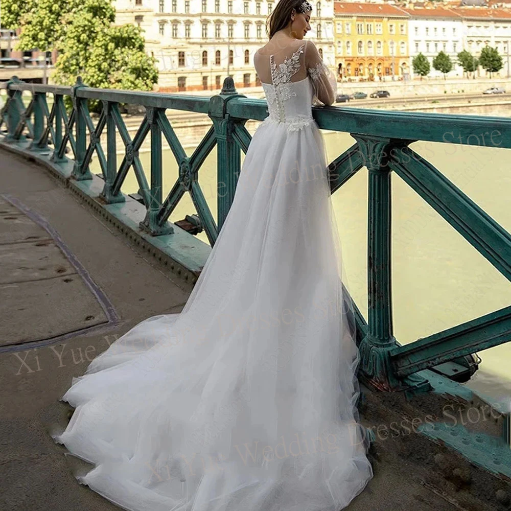 Bohomain-A Linha Vestidos De Casamento De Tule, Manga Longa Puff, Apliques De Renda Graciosa, Fenda Lateral Alta, Vestidos De Noiva Sexy