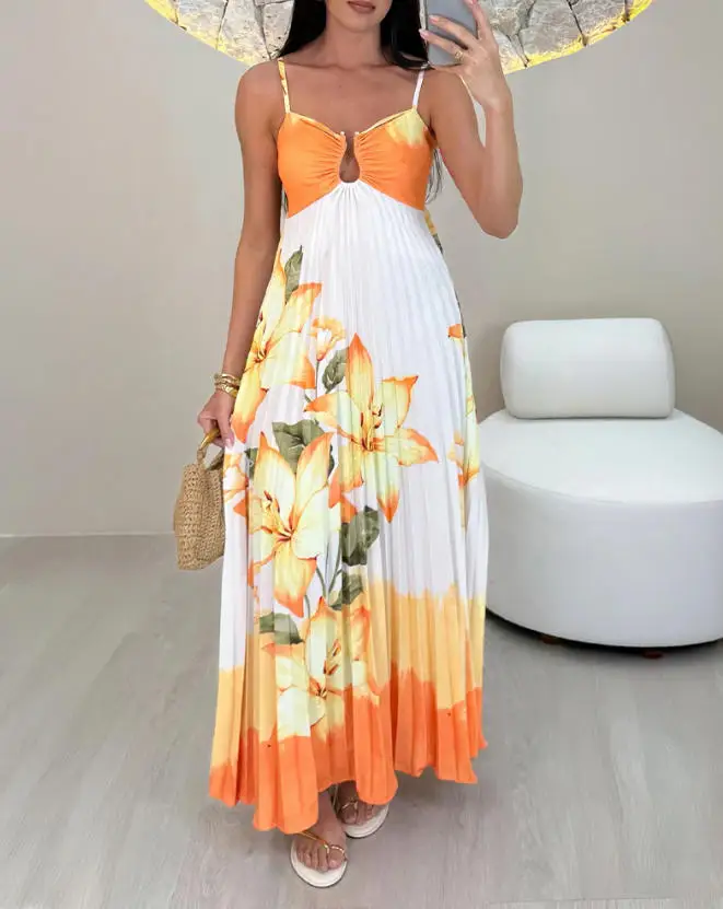 

Women's fashionable casual printed pleated skirt, V-neck hollowed out shirt back, Bohemian vacation beach sun skirt