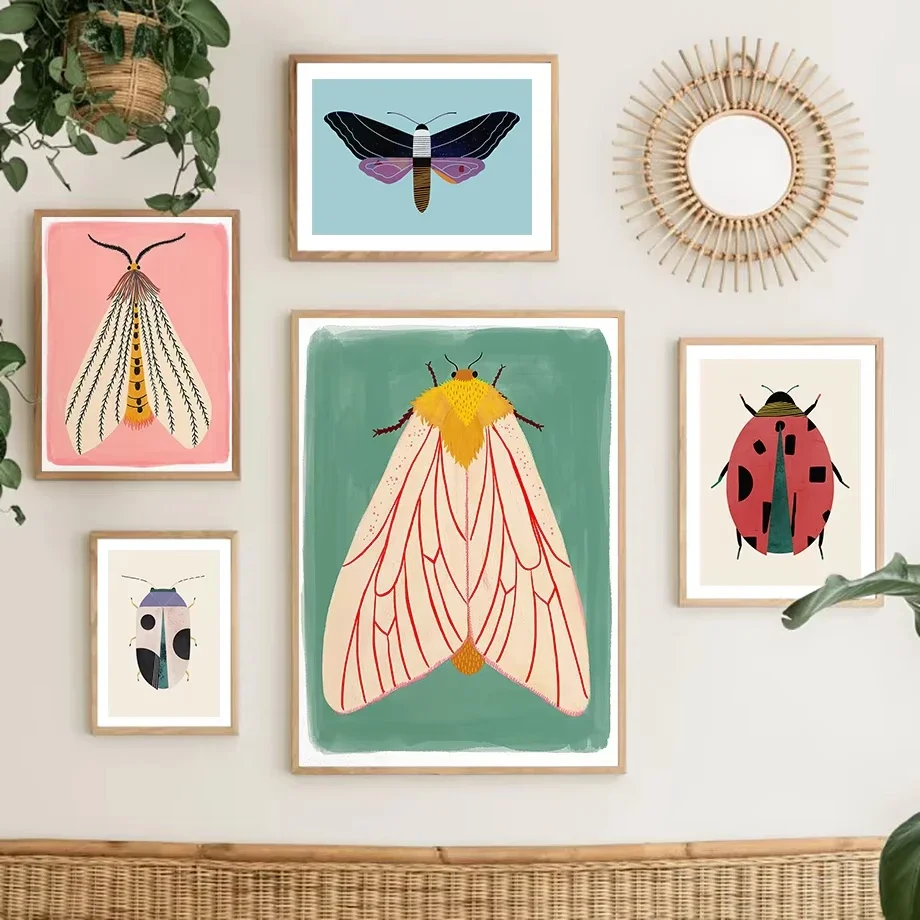 Butterfly Wall Art Ladybug Tiger Moth Beetle Feather Canvas Painting Nordic Poster Printing Wall Pictures Living Room Decoration