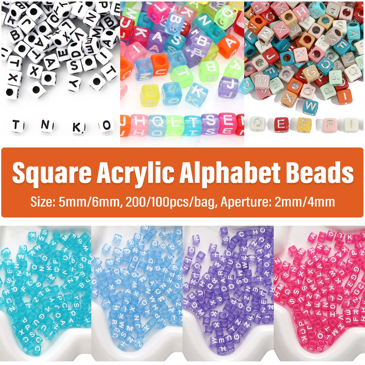 

5x5/6x6mm Acrylic Square Alphabet Beads - 2/4mm Hole Diameter for DIY Bracelets Necklaces Handmade Jewelry (200/100pcs per Bag)