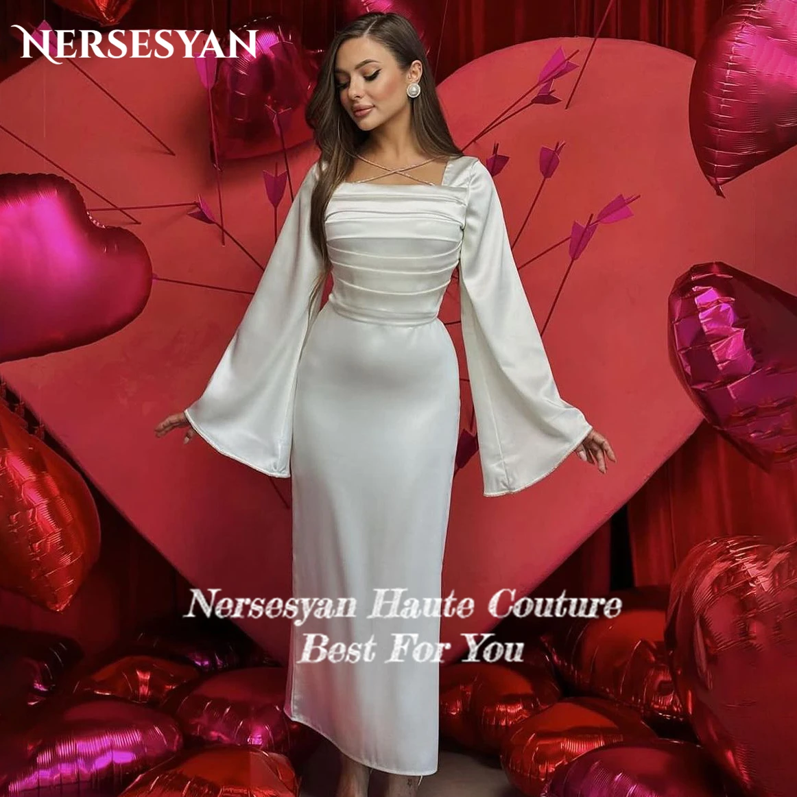 Nersesyan Elegant Solid Wedding Dresses Pleated Square Collar Flare Sleeves Bridal Gowns Elastic Satin Ankle Length Bride Dress