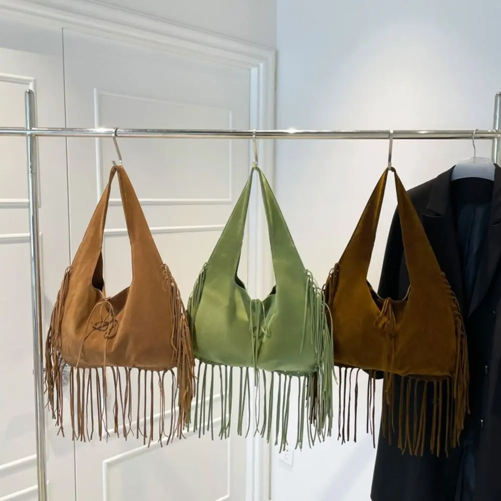 

Cute Korean Style Tassel Shoulder Bag Solid Color PU Leather Suede Handbag Tote Bag Large Capacity Underarm Packs Travel