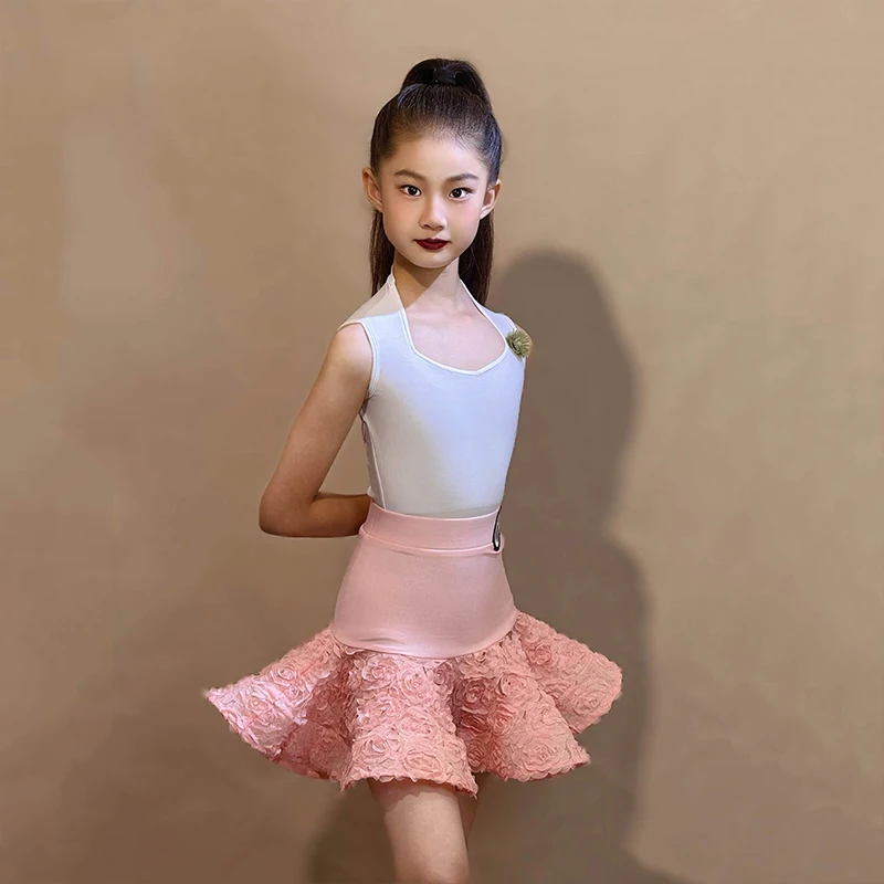 Latin Dance Costume Children Tango Waltz Samba Dance Performance Clothes Girls Sleeveless Professional Dance Practice Set XH2927