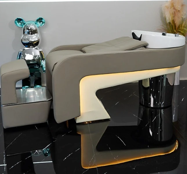 

High Quality Haircut Salon Furniture Hair Washing Shampoo Bed For Barber Shop With Ceramics Bowl Basin Stainless Steel LED
