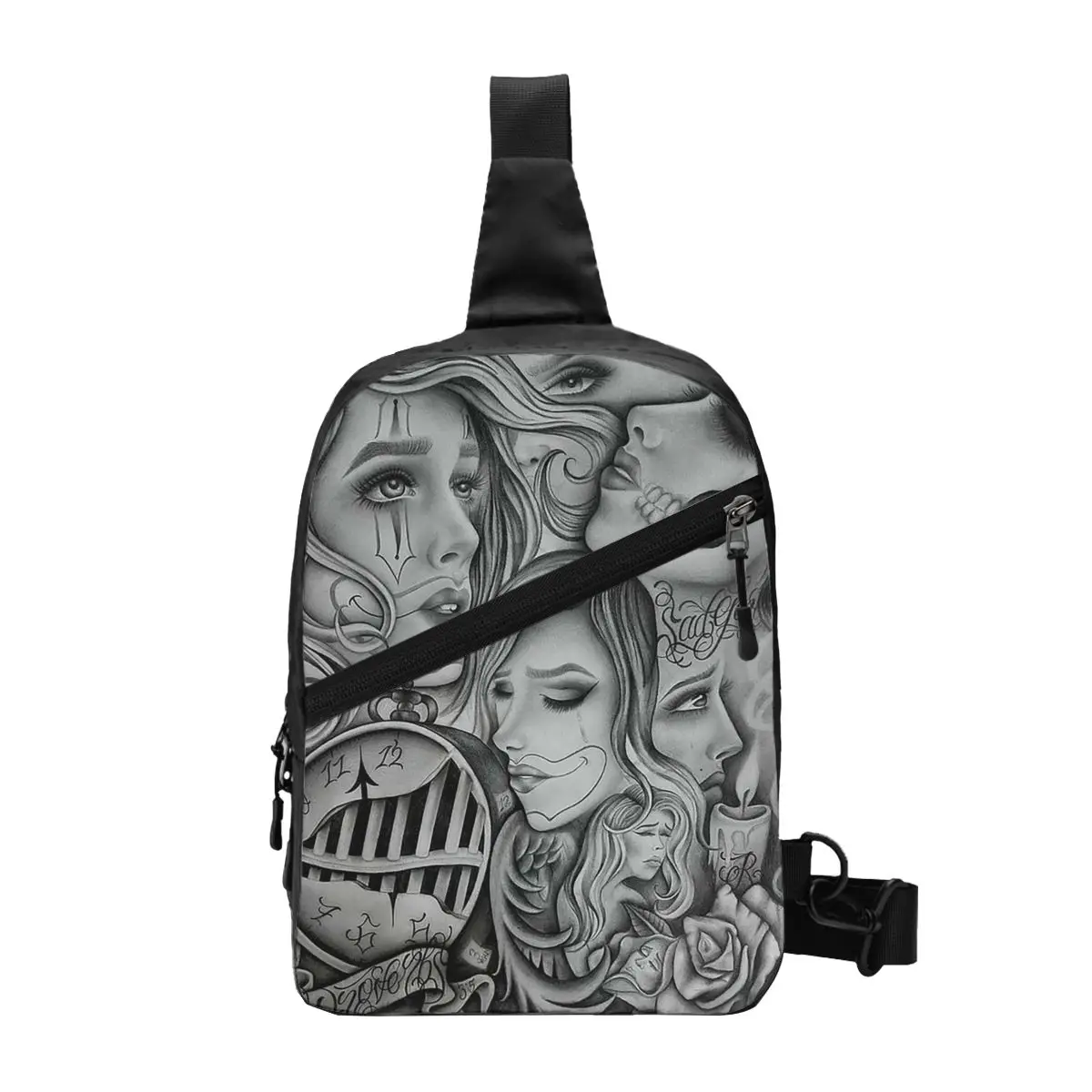 Sad Eyes Chola Clown , Chicano Art , Black And Grey Art Chest Bag Men Sling Crossbody Backpack Chest Bag Daypack Shoulder Bag