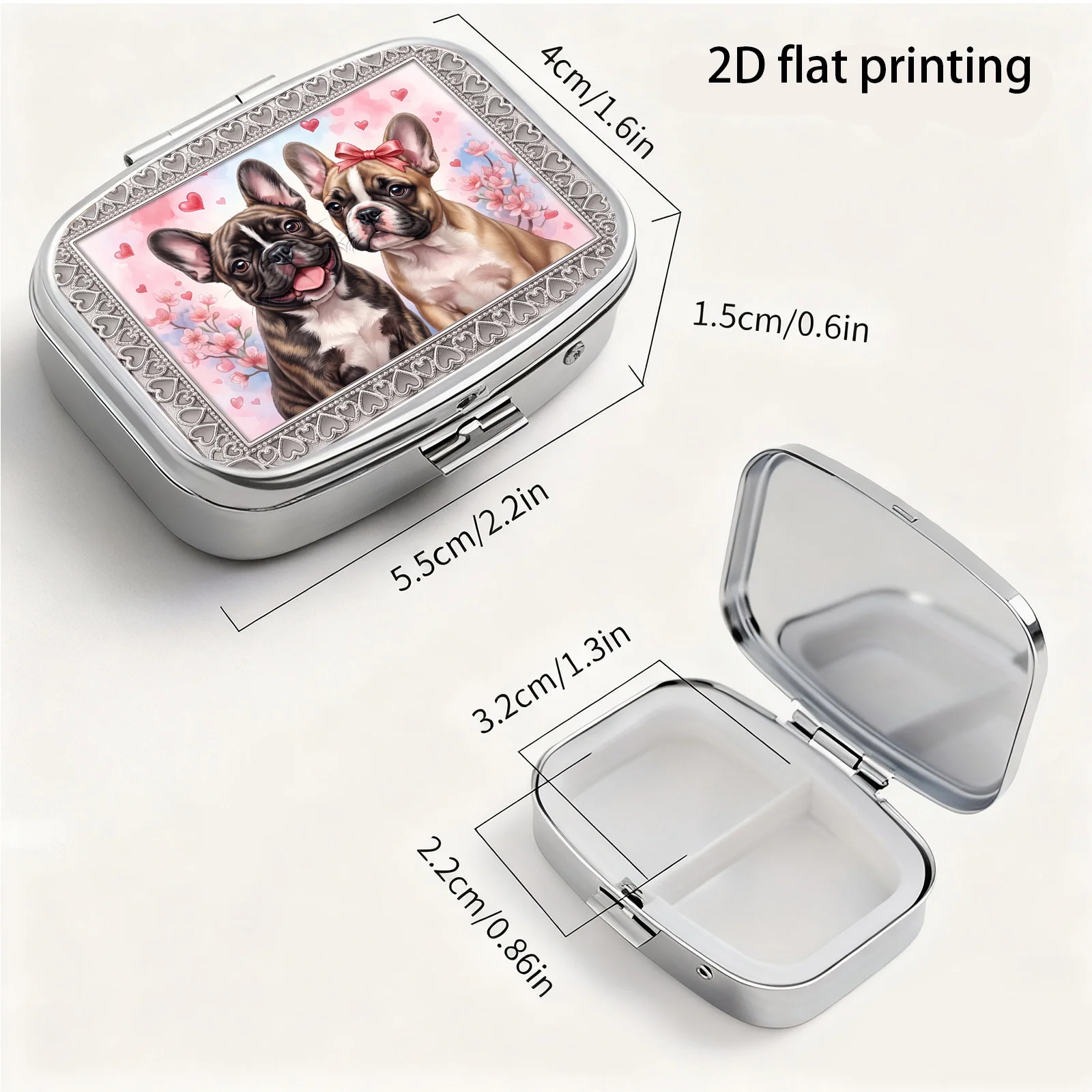 Pink Heart Background with Two French Bulldogs, Sweet and Cute Pet Motifs, Square Two-Compartment Small Pill Organizer, Portable Medicine Storage, Can Also Be Used as a Home Portable Organizer, Decorative Box, Perfect for Handbags, Wallets, and Travel, Metal Storage Box, Small Jewelry Organizer, Holiday Gifts, Souvenirs, Prizes, Small Gifts