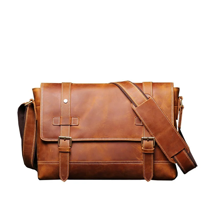 

Nesitu High Quality A4 Vintage Brown Genuine Crazy Horse Leather Shoulder Men Messenger Bags Cross Body M1005
