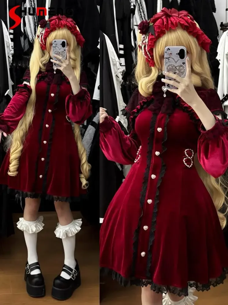 

Japanese Mine Style Lace Splicing Bow Off Shoulder Long Sleeve Heart Diamond Buckle Slim Sweet Lolita Velvet Short Dress Women