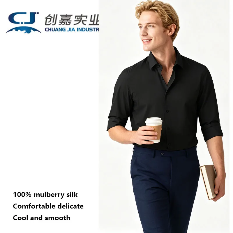 Men's Summer Long-sleeved Mulberry Silk Shirt, White Simple and Elegant Top, Business Casual, Light, Soft, Cool and Breathable