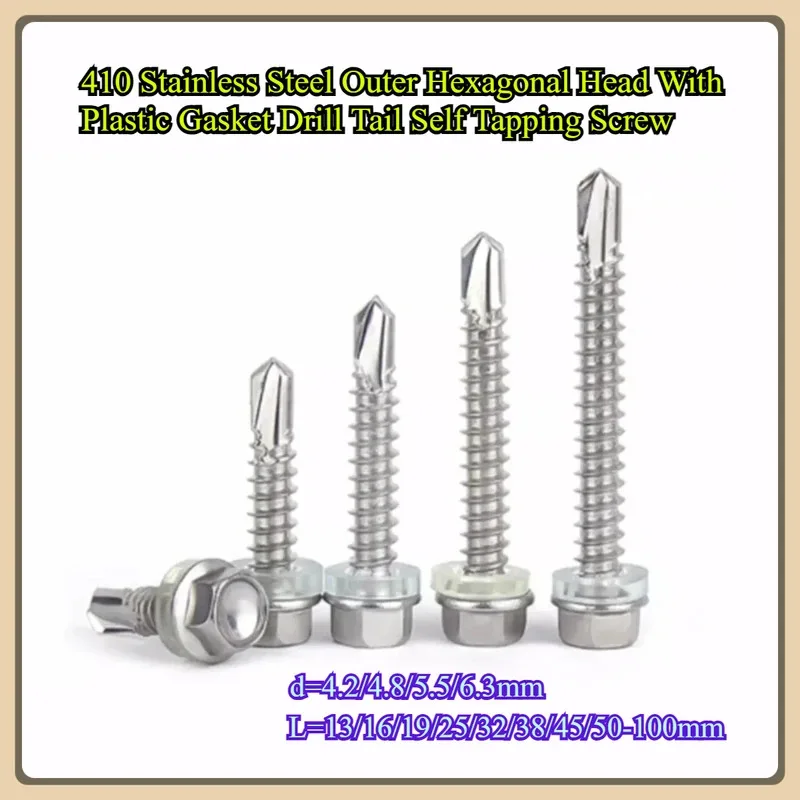 

Drill Tail Self Tapping Screw 410 Stainless Steel Outer Hex Head with Plastic Gasket